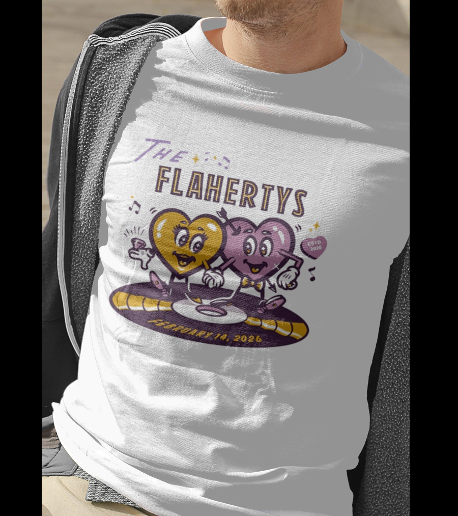 The Flahertys February 14 2026 Dancing Wedding Hearts With Music Notes T-Shirt
