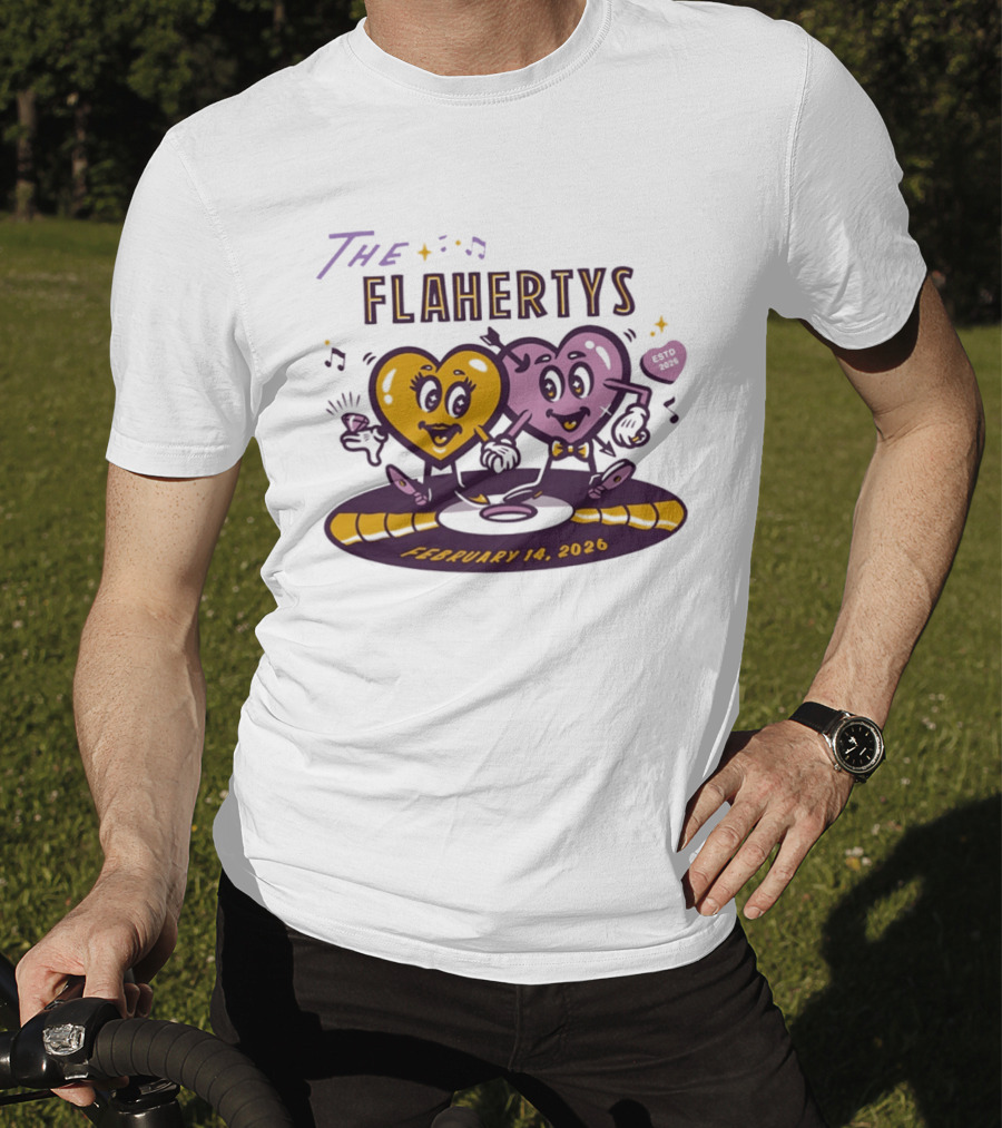 The Flahertys February 14 2026 Dancing Wedding Hearts With Music Notes T-Shirt