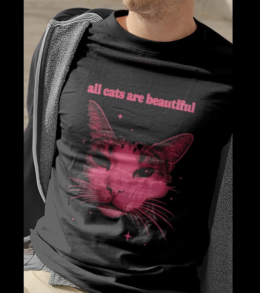 All Cats Are Beautiful Pink Halftone Cat Face With Stars T-Shirt