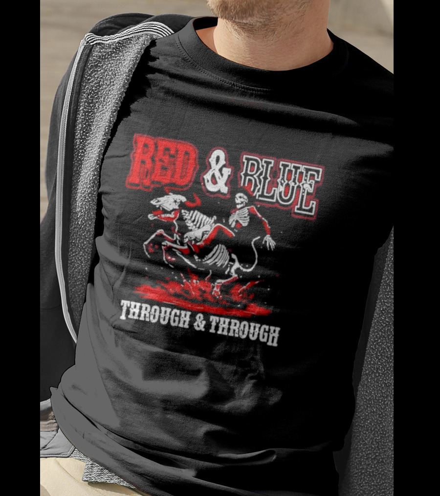 Red And Blue Through And Through Skeleton Cowboy Riding Horse T-Shirt
