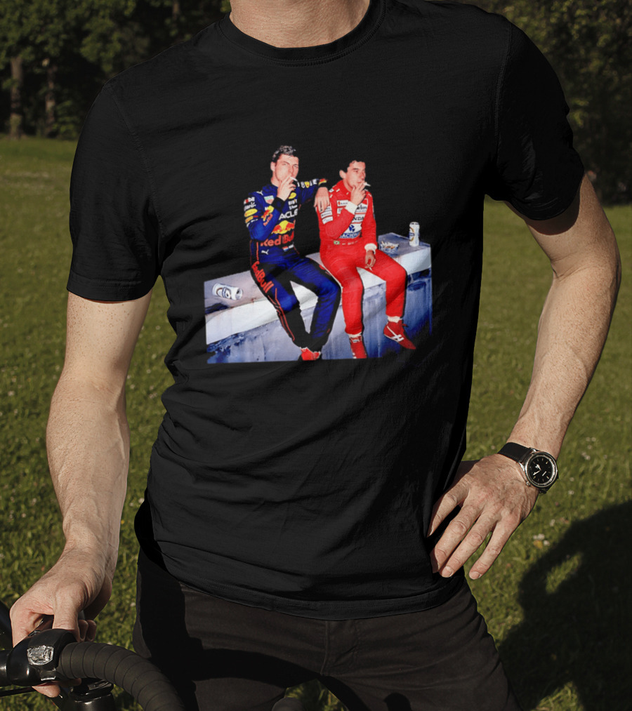 Max Verstappen Red Bull Racing And Ayrton Senna Honda Marlboro F1 Legends Smoking Together T-Shirt