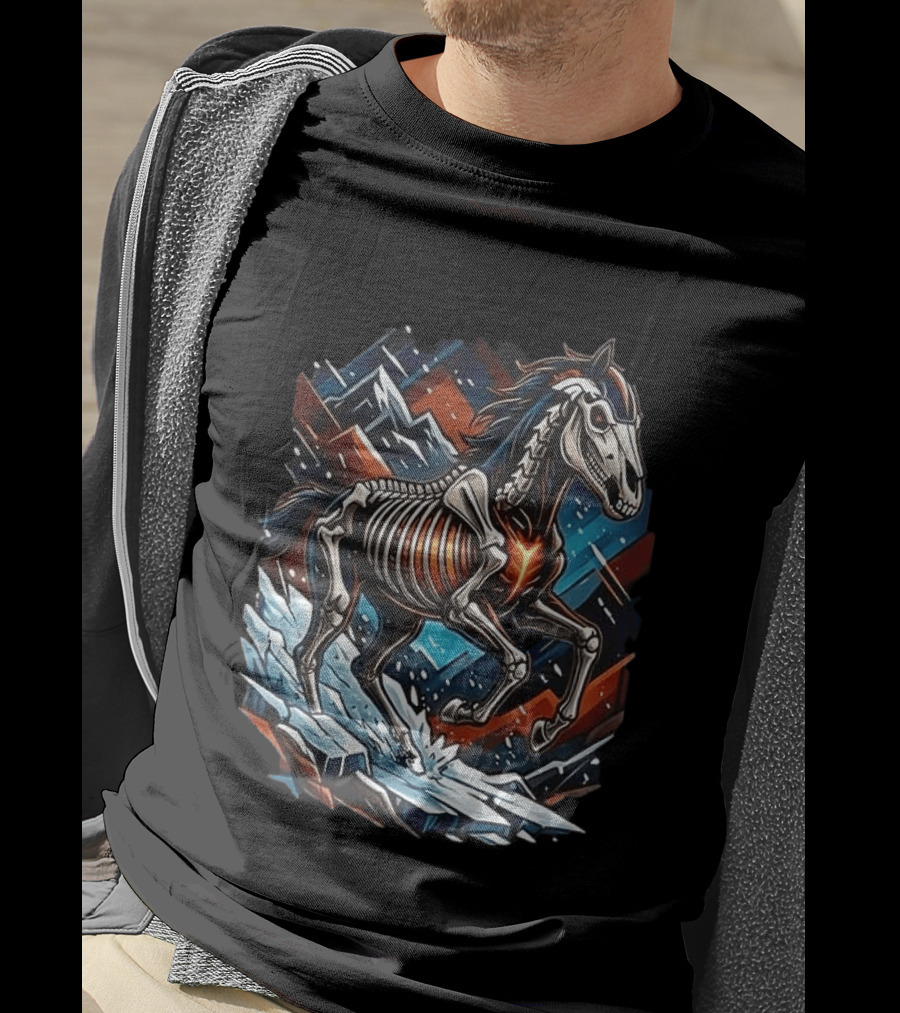 Denver Broncos Runs In My Blood Skeleton Horse And Mountains T-Shirt