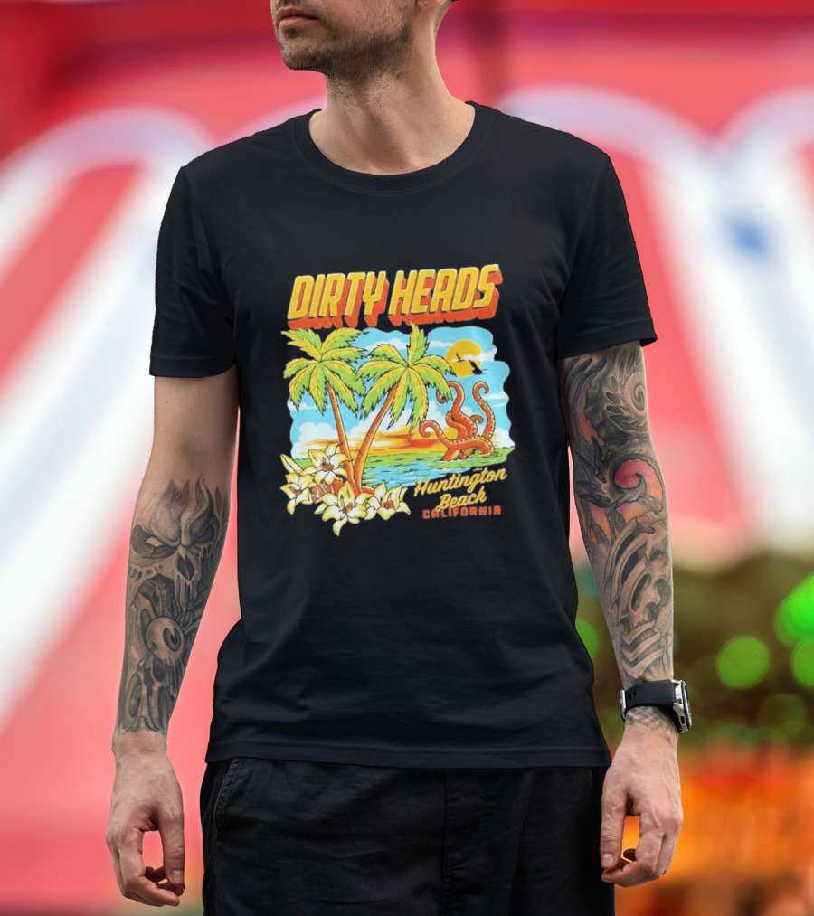Dirty Heads Tropical Beach Palm Trees Ocean Sunset Octopus Huntington Beach California T-Shirt