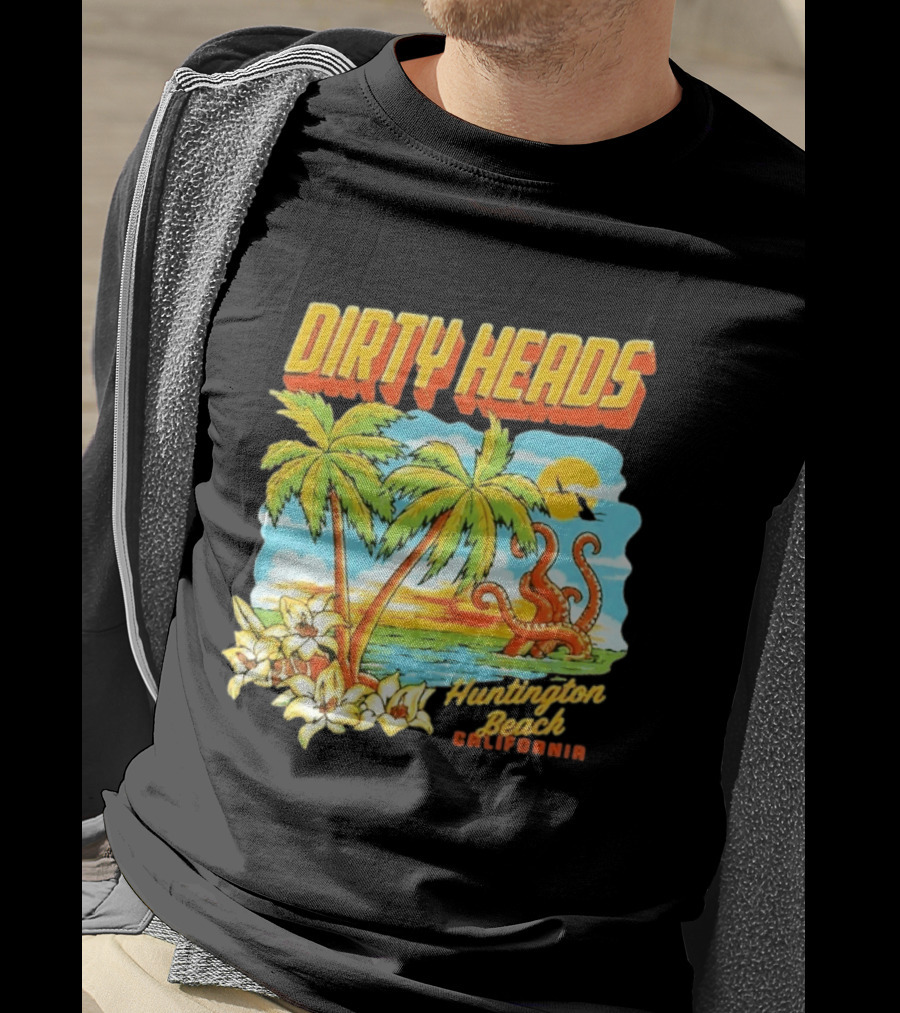 Dirty Heads Tropical Beach Palm Trees Ocean Sunset Octopus Huntington Beach California T-Shirt