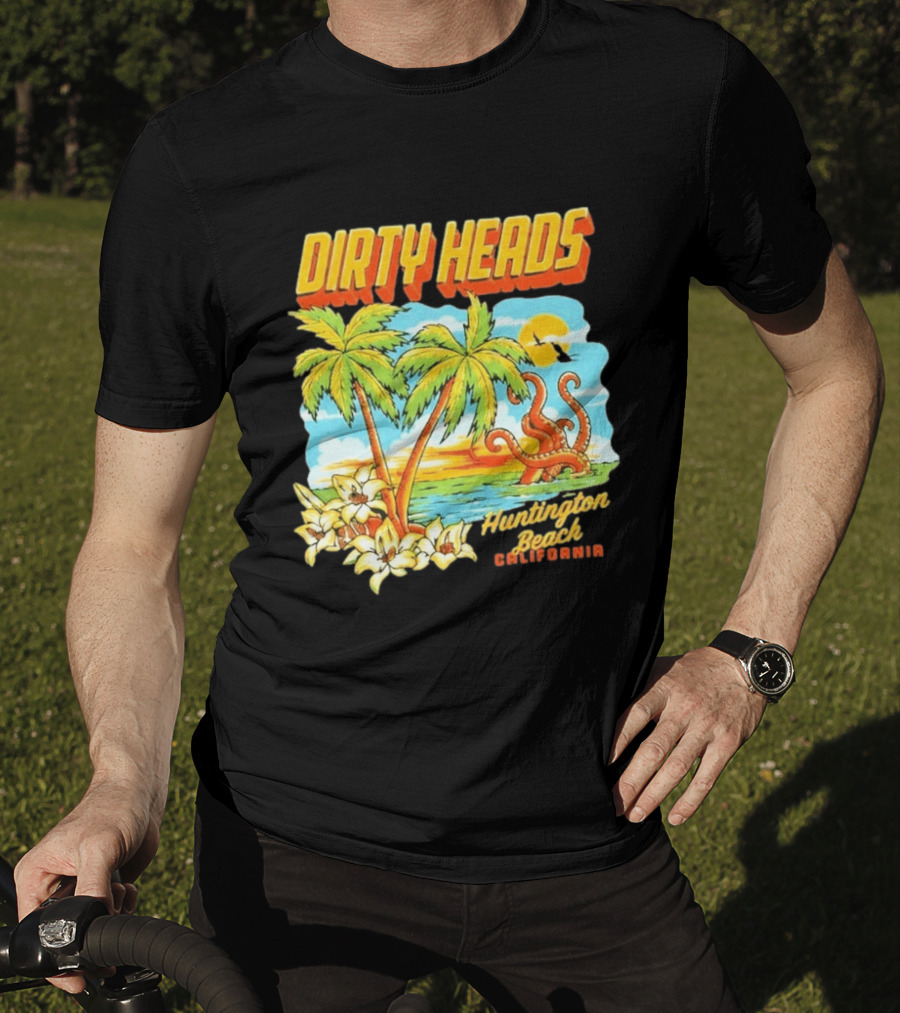 Dirty Heads Tropical Beach Palm Trees Ocean Sunset Octopus Huntington Beach California T-Shirt