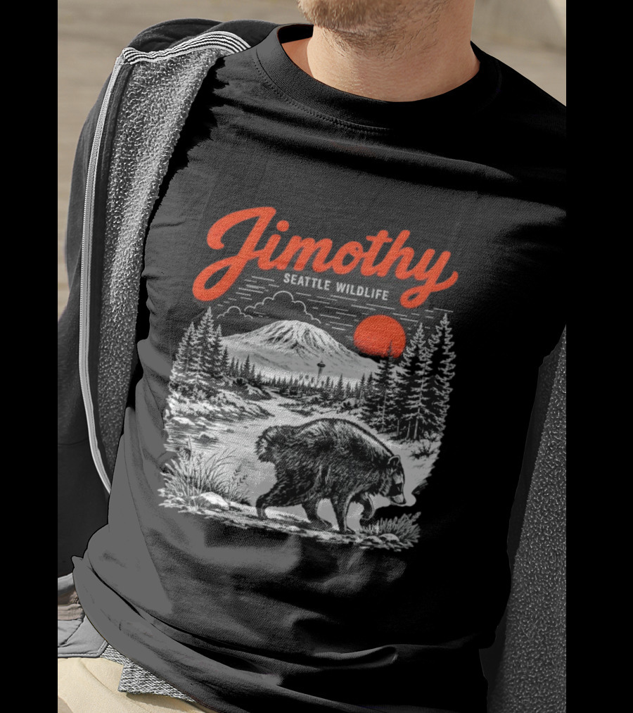 Jimothy Seattle Wildlife Raccoon With Mountain And Space Needle T-Shirt