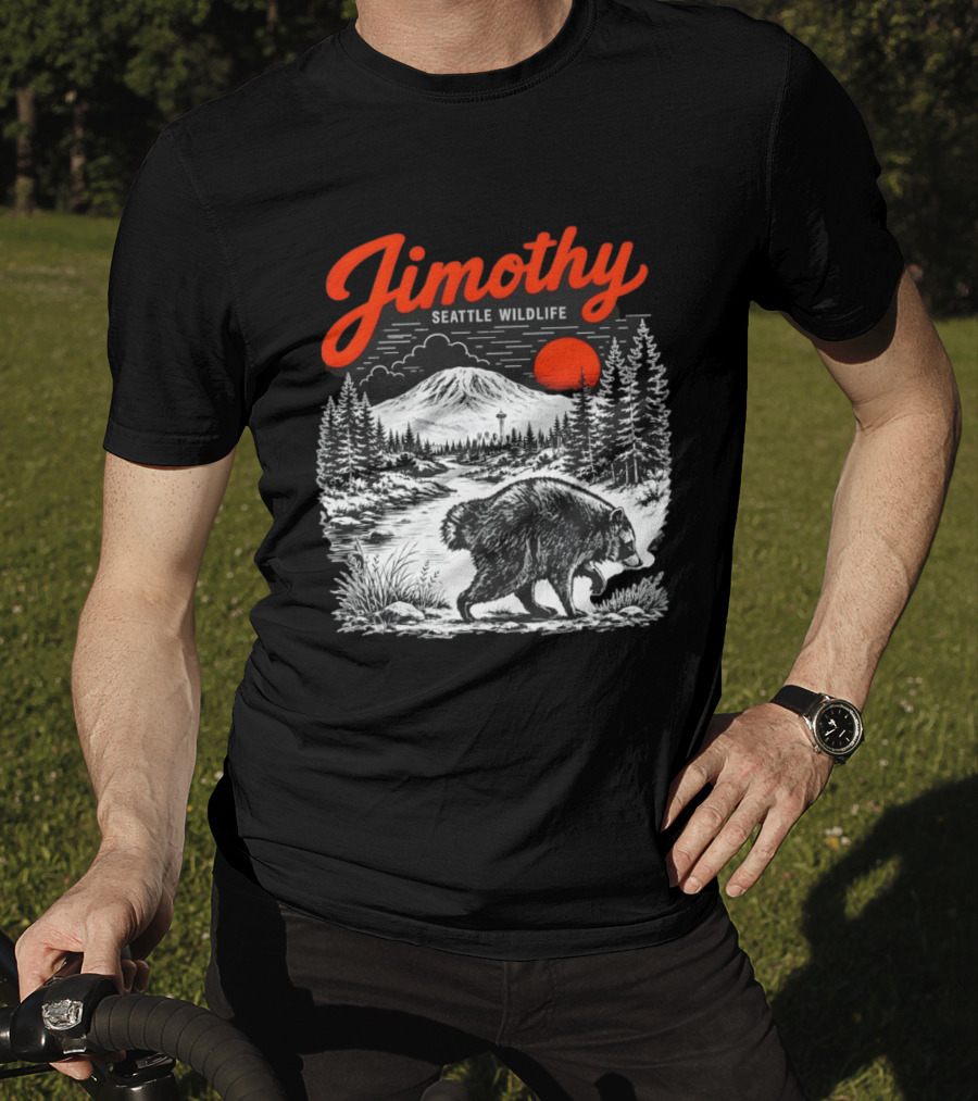 Jimothy Seattle Wildlife Raccoon With Mountain And Space Needle T-Shirt