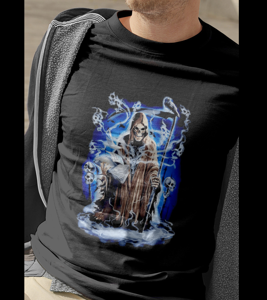 Sooner Than You Think Grim Reaper Skull And Scythe In Blue Mist T-Shirt