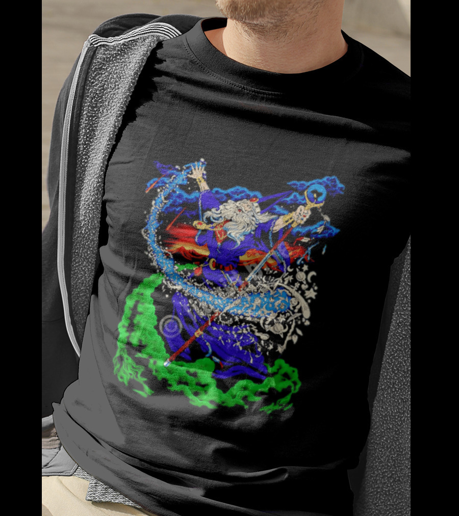 Wizard Casting Magic Conjuring Galaxies Fantasy Aurora Sky T-Shirt