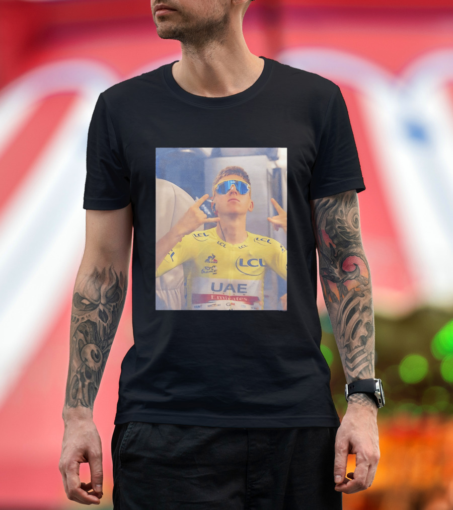 Tadej Pogačar In UAE Emirates Tour De France LCL Yellow Jersey With Sunglasses T-Shirt