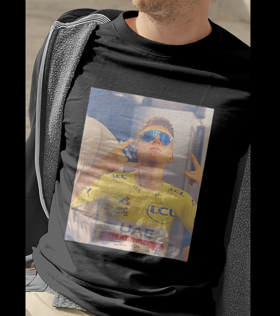 Tadej Pogačar In UAE Emirates Tour De France LCL Yellow Jersey With Sunglasses T-Shirt