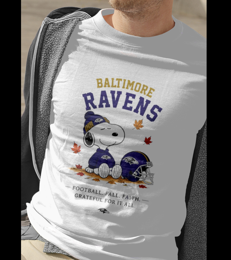 Baltimore Ravens Snoopy Football Fall Faith Grateful For It All T-Shirt