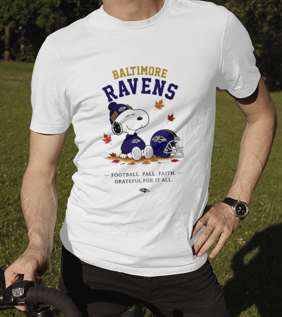 Baltimore Ravens Snoopy Football Fall Faith Grateful For It All T-Shirt