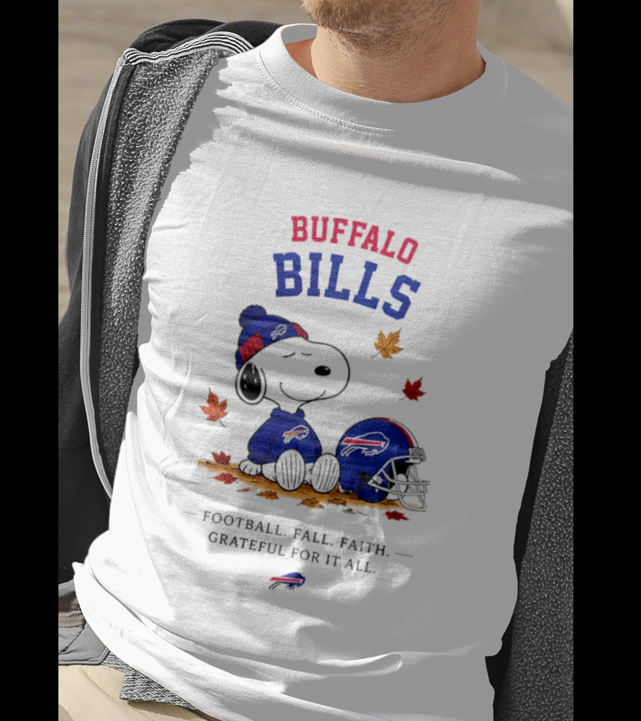 Buffalo Bills Snoopy Football Fall Faith Grateful For It All Leaves T-Shirt