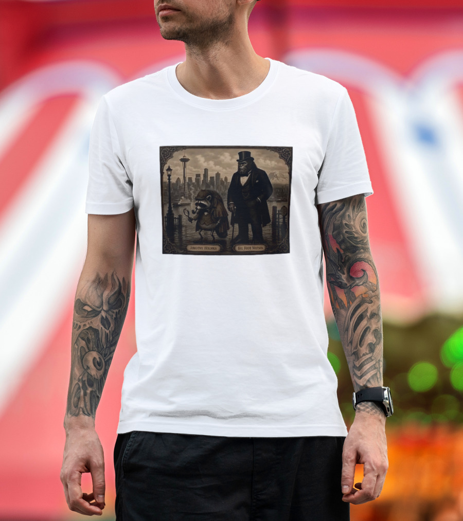 Jimothy Holmes Bigfoot Watson In Vintage Detective Scene Seattle Skyline T-Shirt
