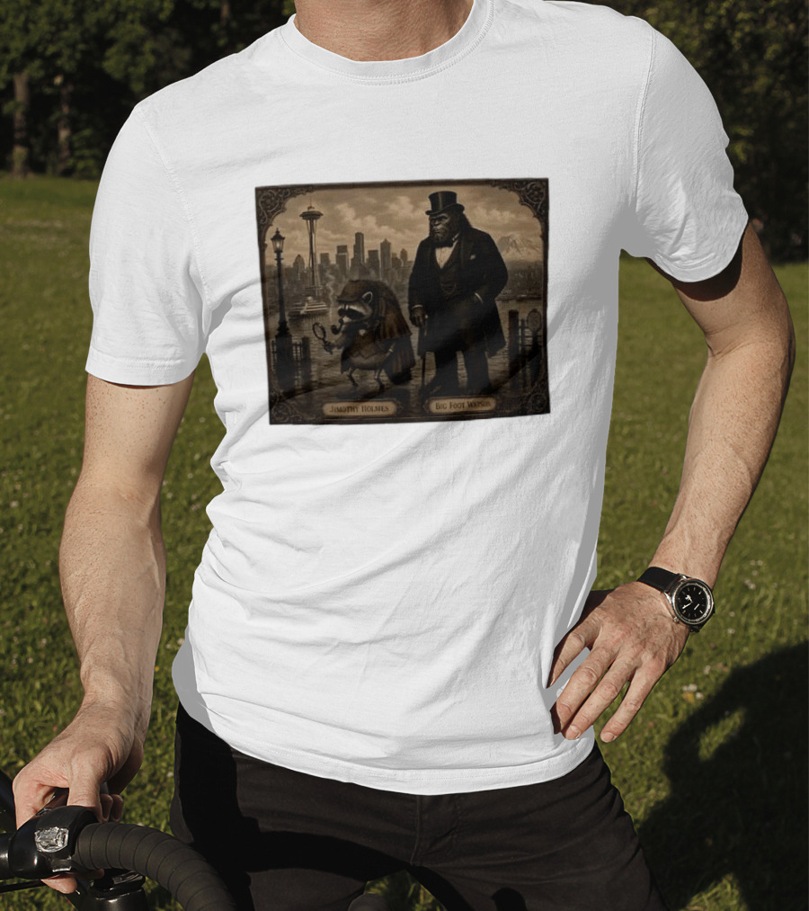 Jimothy Holmes Bigfoot Watson In Vintage Detective Scene Seattle Skyline T-Shirt
