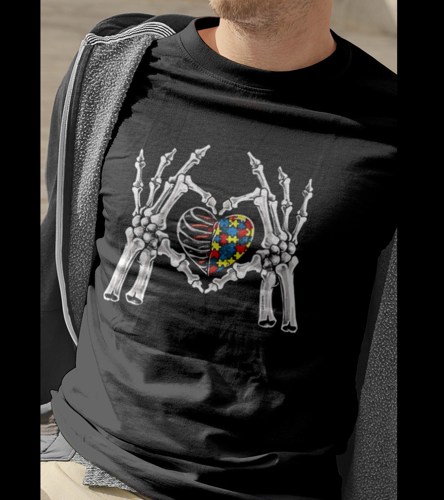 Autism Awareness Gothic Skull Hand Heart Puzzle Halloween 2026 T-Shirt