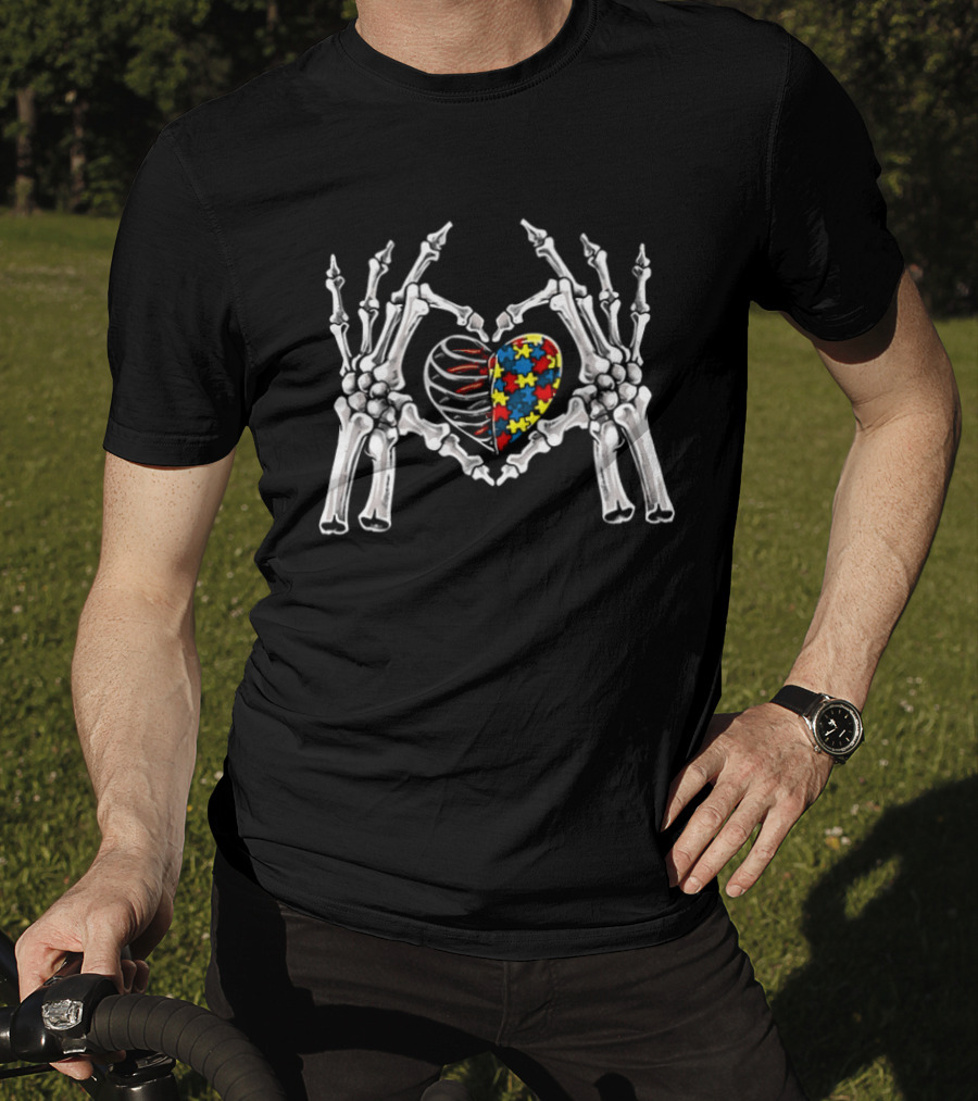 Autism Awareness Gothic Skull Hand Heart Puzzle Halloween 2026 T-Shirt