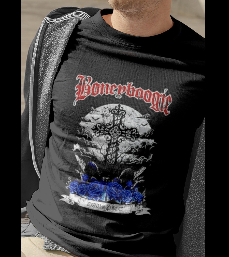 Boneyboogie Gothic Cross With Blue Roses And Full Moon T-Shirt