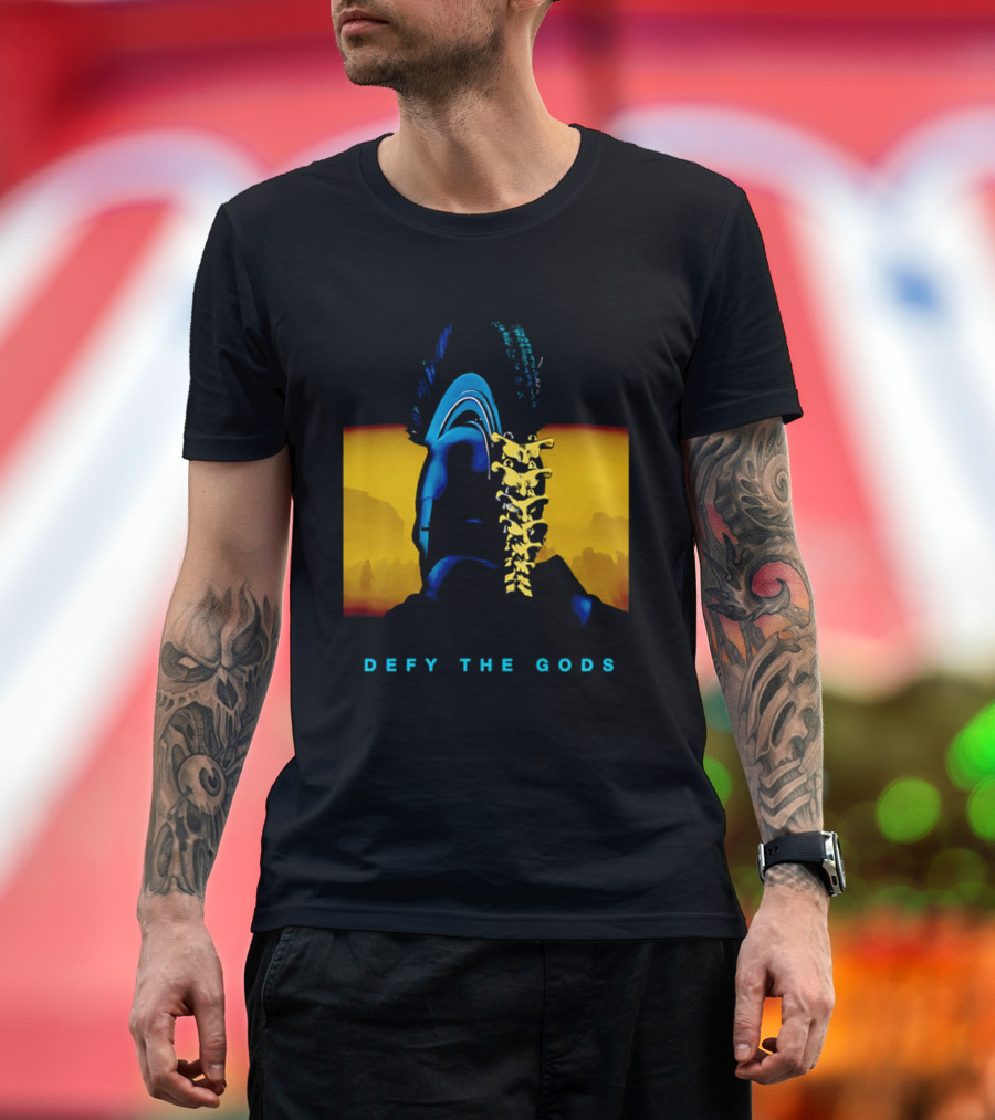 Defy The Gods Spartan Warrior Helmet Art Blue And Gold T-Shirt