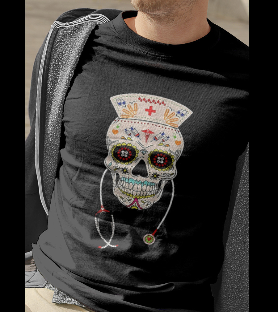 Nurse Sugar Skull Halloween Day Of The Dead Dia De Los Muertos T-Shirt