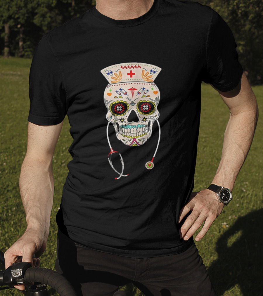Nurse Sugar Skull Halloween Day Of The Dead Dia De Los Muertos T-Shirt