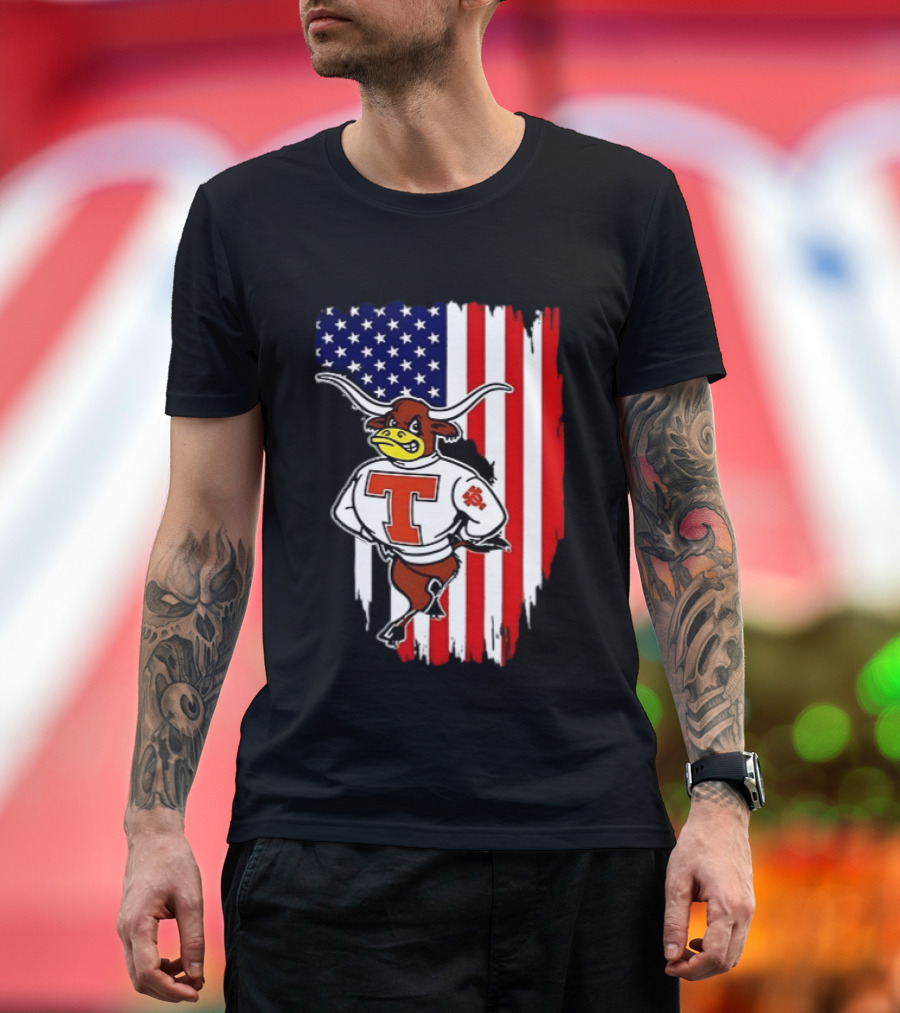Texas Longhorns Mascot Over USA Flag T-Shirt