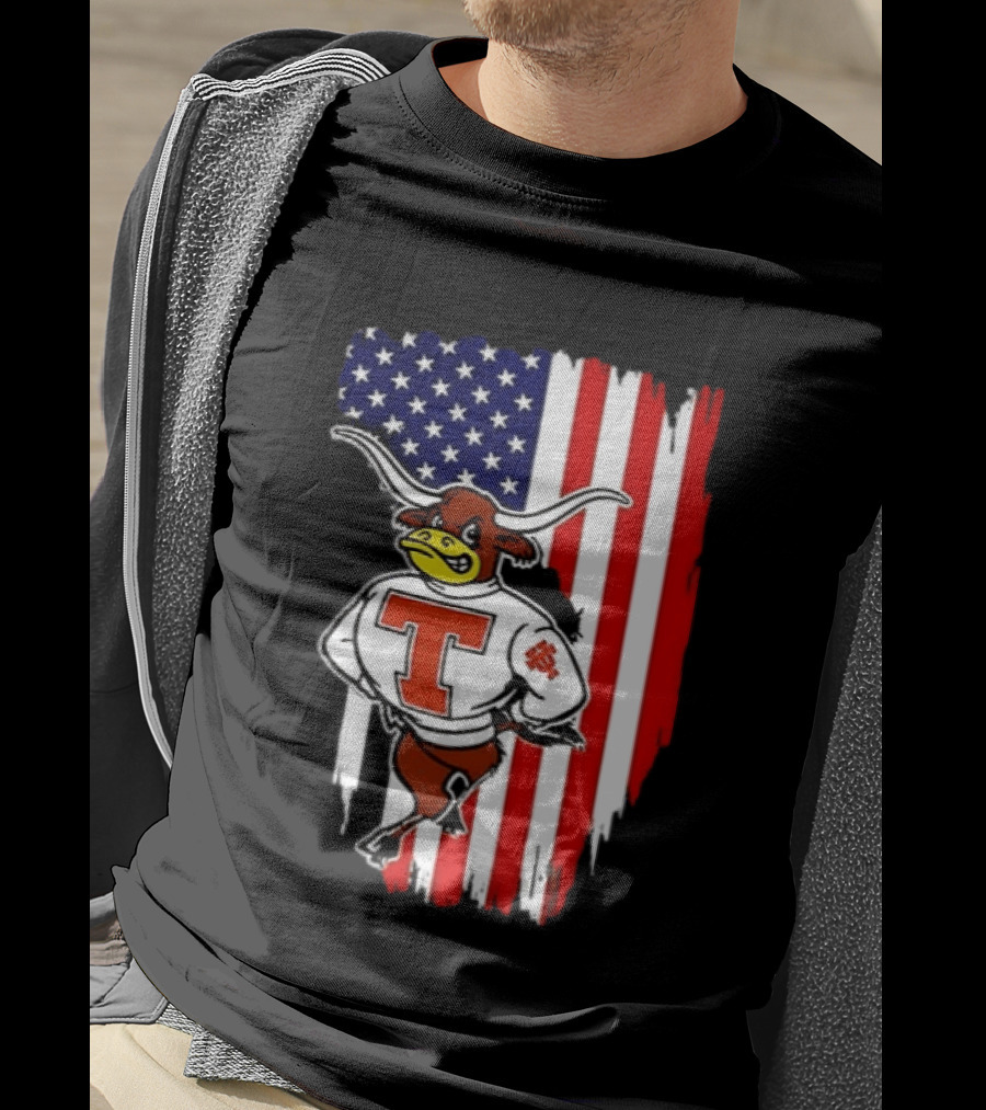 Texas Longhorns Mascot Over USA Flag T-Shirt