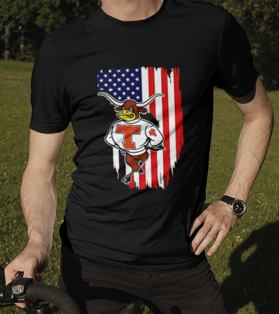 Texas Longhorns Mascot Over USA Flag T-Shirt