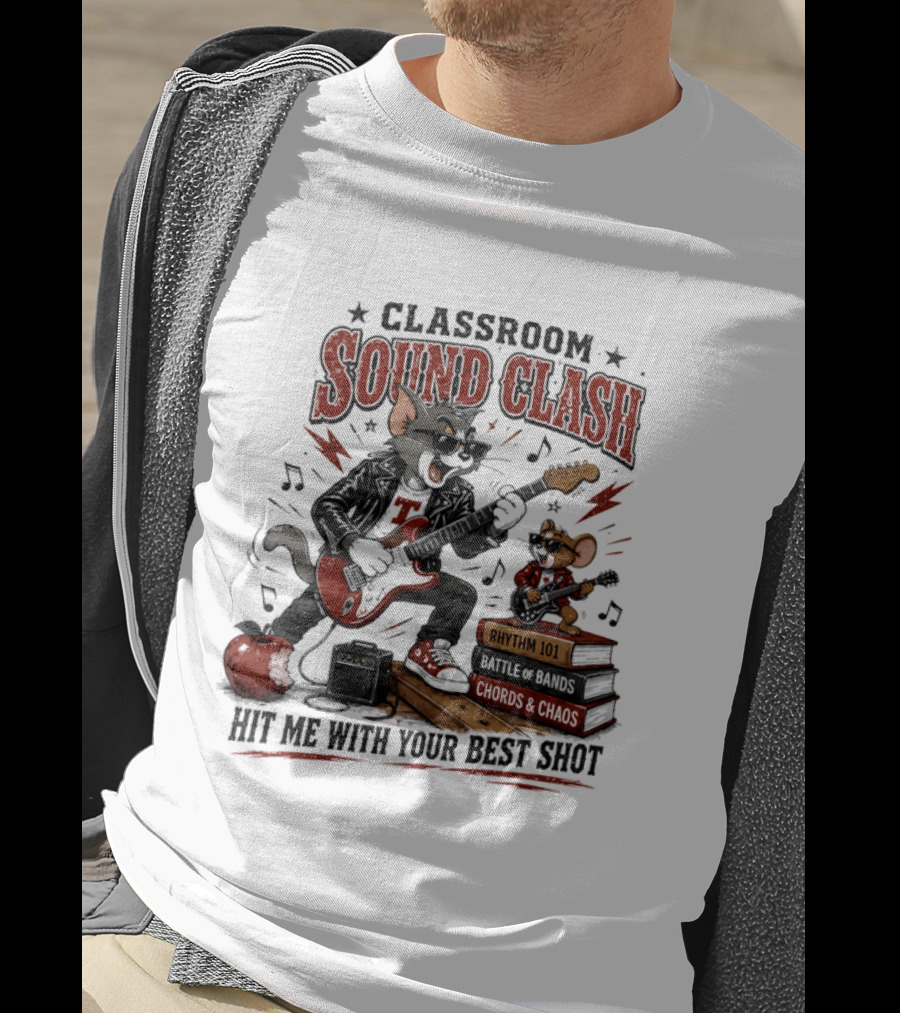 Classroom Sound Clash Hit Me With Your Best Shot Tom And Jerry Electric Guitar Battle T-Shirt