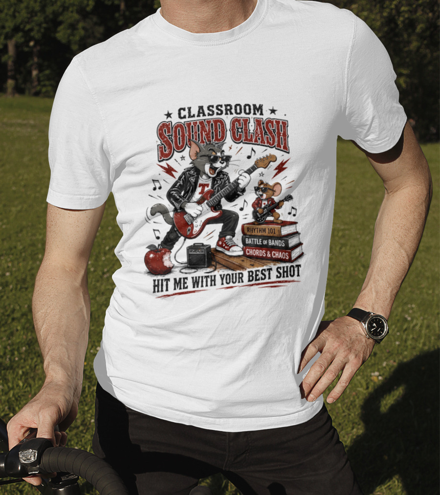 Classroom Sound Clash Hit Me With Your Best Shot Tom And Jerry Electric Guitar Battle T-Shirt
