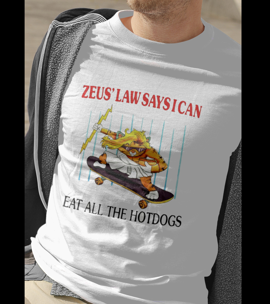 Zeus' Law Says I Can Eat All The Hotdogs Cat Holding Lightning Skateboard T-Shirt