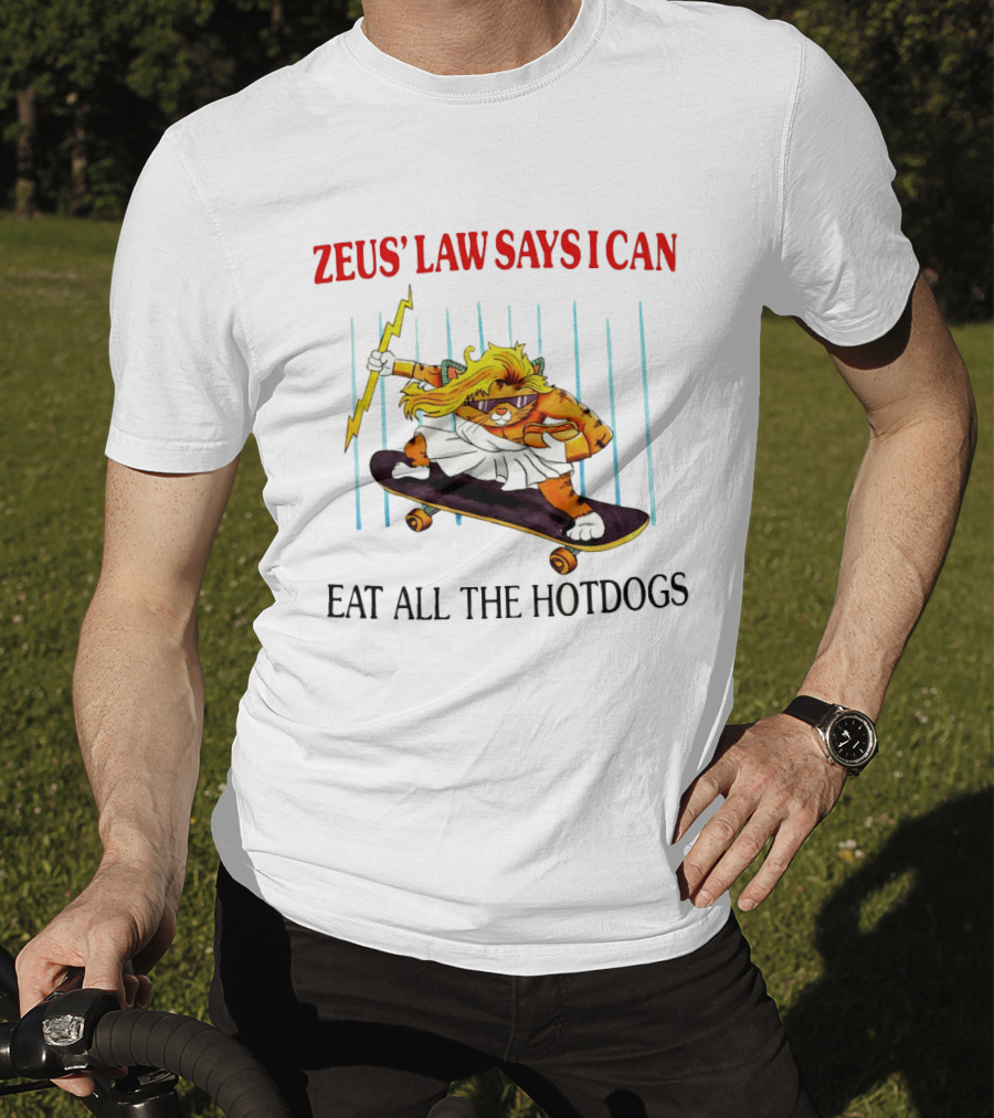 Zeus' Law Says I Can Eat All The Hotdogs Cat Holding Lightning Skateboard T-Shirt