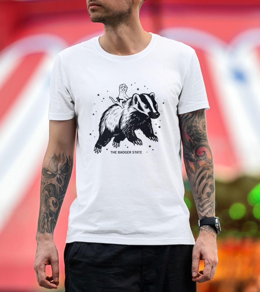 The Badger State Cat Wearing Cheese Hat On Badger With Stars T-Shirt