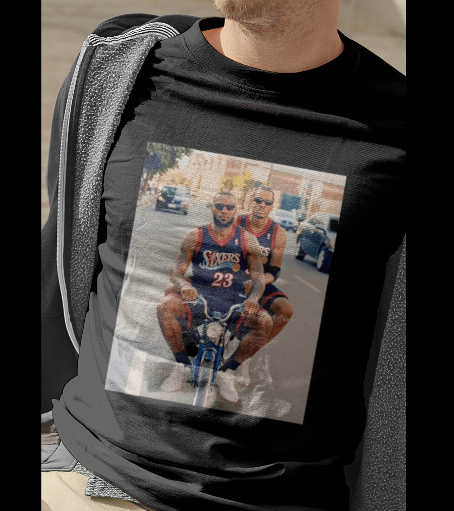 Philadelphia 76ers LeBron James Allen Iverson Duo On Bicycle T-Shirt