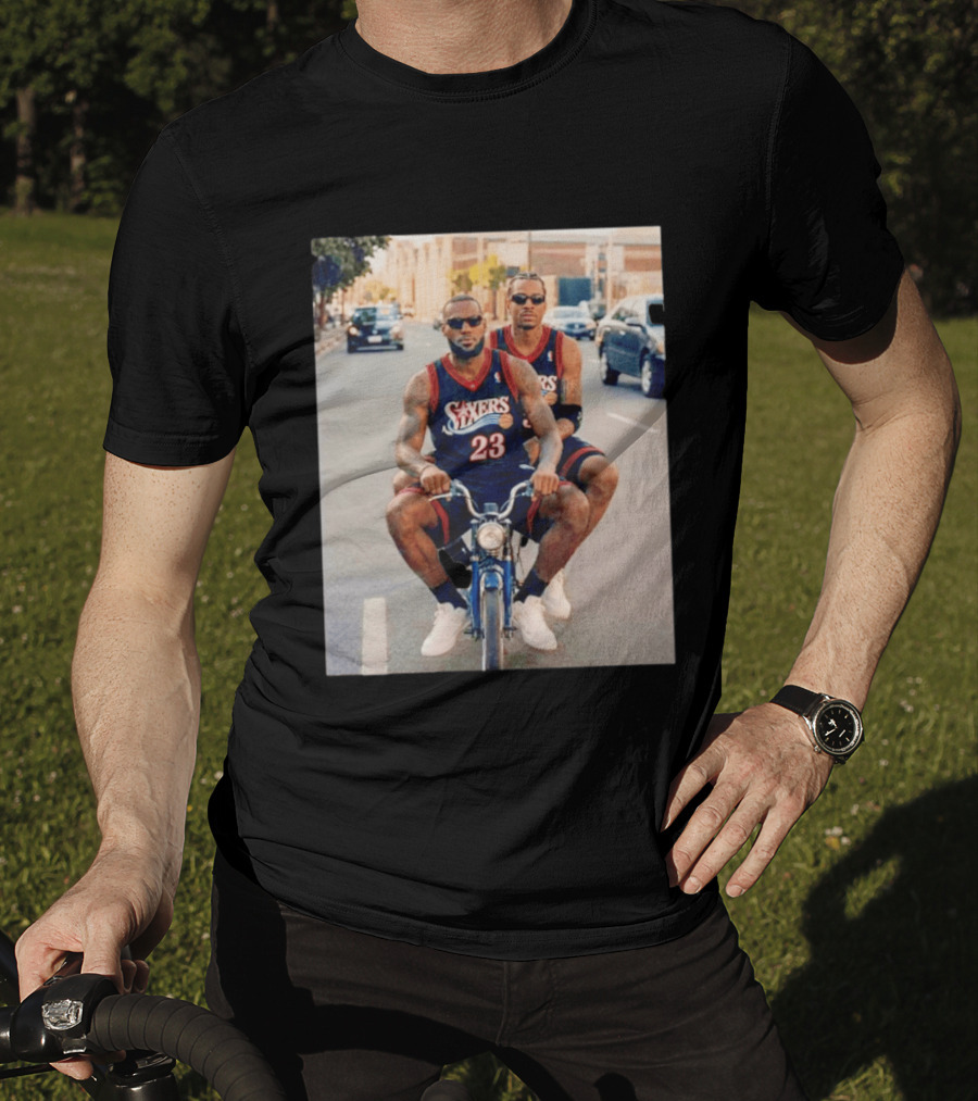 Philadelphia 76ers LeBron James Allen Iverson Duo On Bicycle T-Shirt