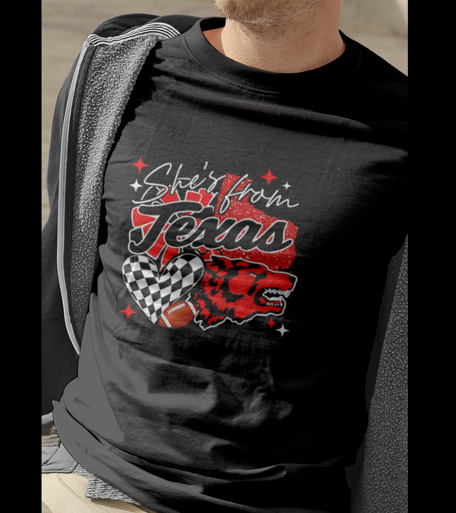 Cheerleading Texas Football Wolf She's From Texas Heart Checkered Ball Stars T-Shirt