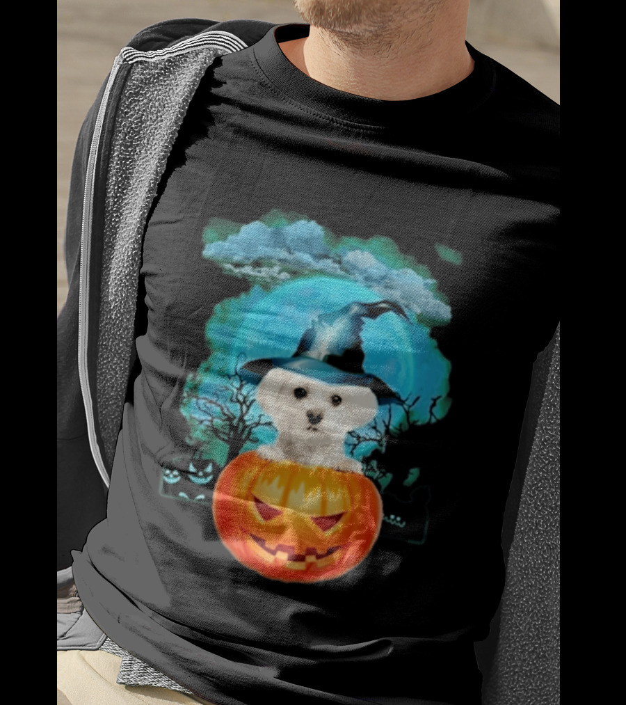 Happy Halloween White Maltese Witch Hat Pumpkin Blue Moon T-Shirt