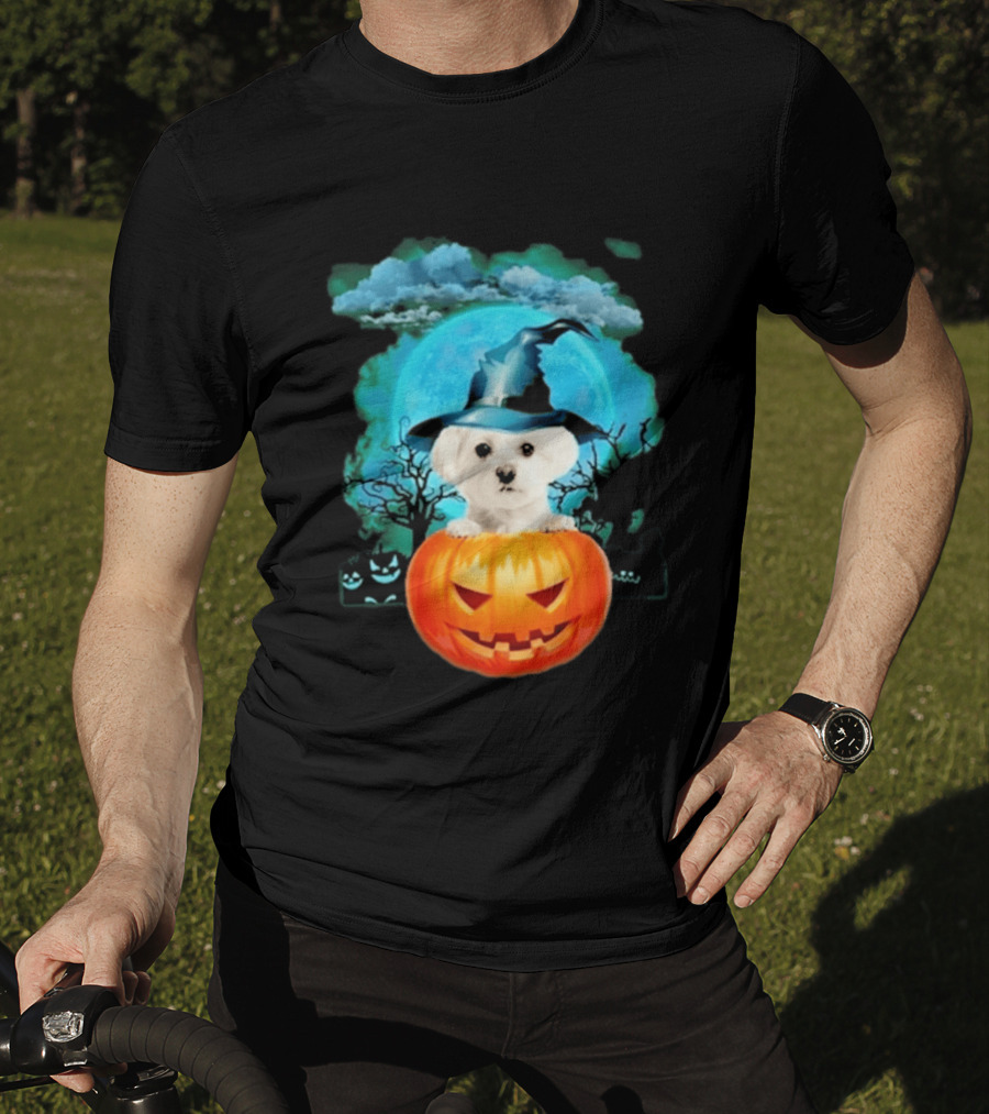 Happy Halloween White Maltese Witch Hat Pumpkin Blue Moon T-Shirt