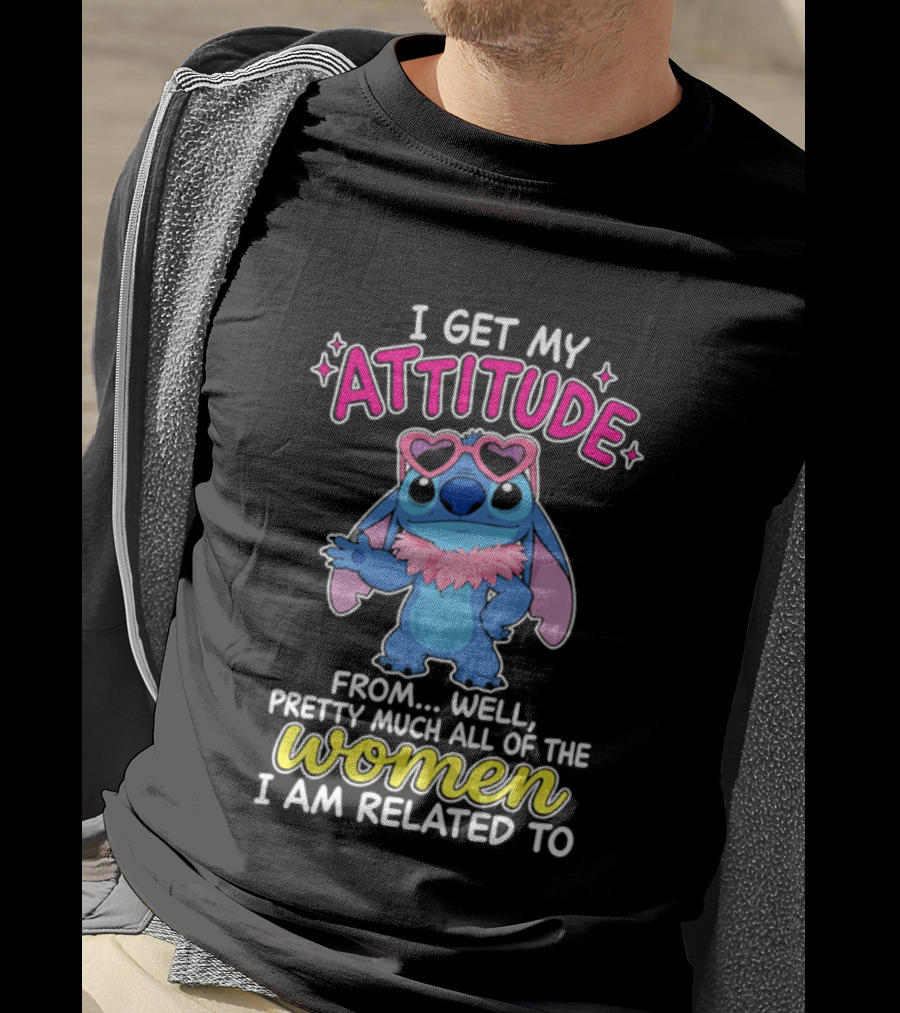 I Get My Attitude From Pretty Much All Of The Women I Am Related To Cute Blue Cartoon Character With Pink Accessories T-Shirt