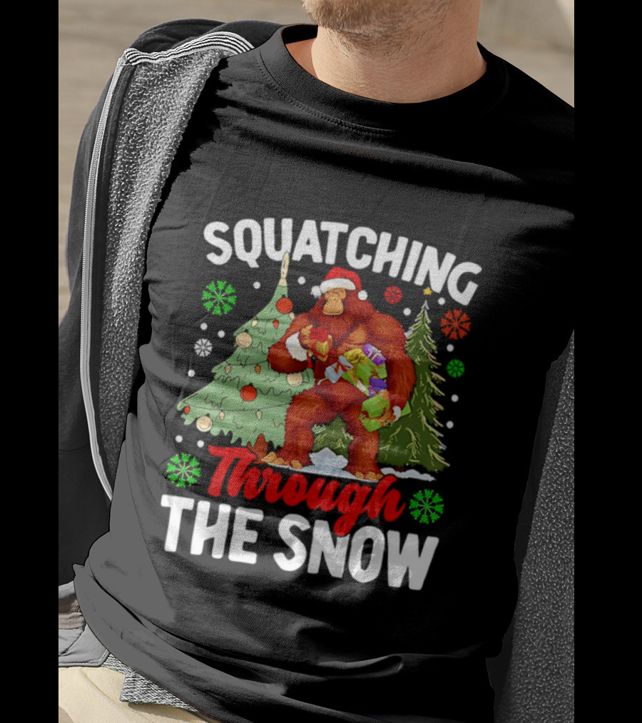 Squatching Through The Snow Bigfoot Christmas Tree Holiday Santa Big Foot T-Shirt