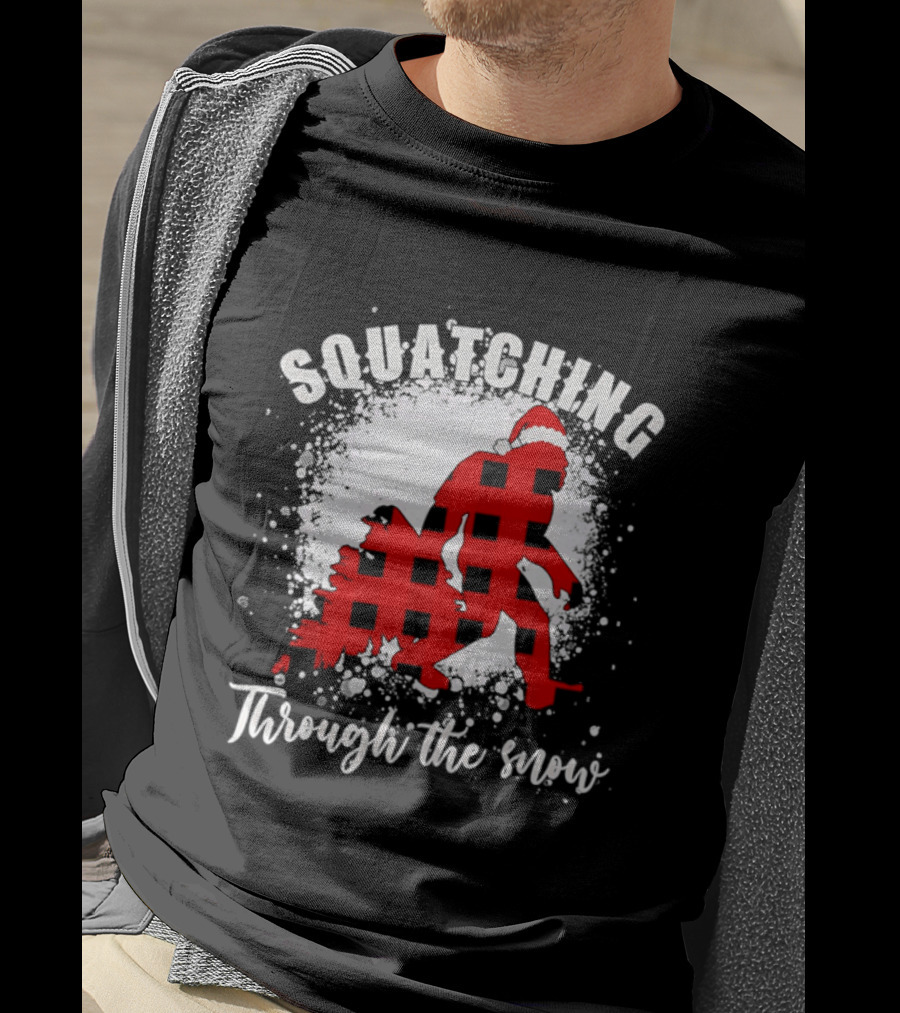 Squatching Through The Snow Bigfoot Santa Hat Christmas T-Shirt