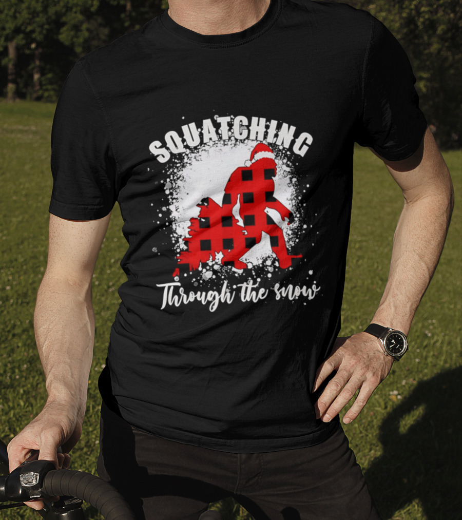 Squatching Through The Snow Bigfoot Santa Hat Christmas T-Shirt