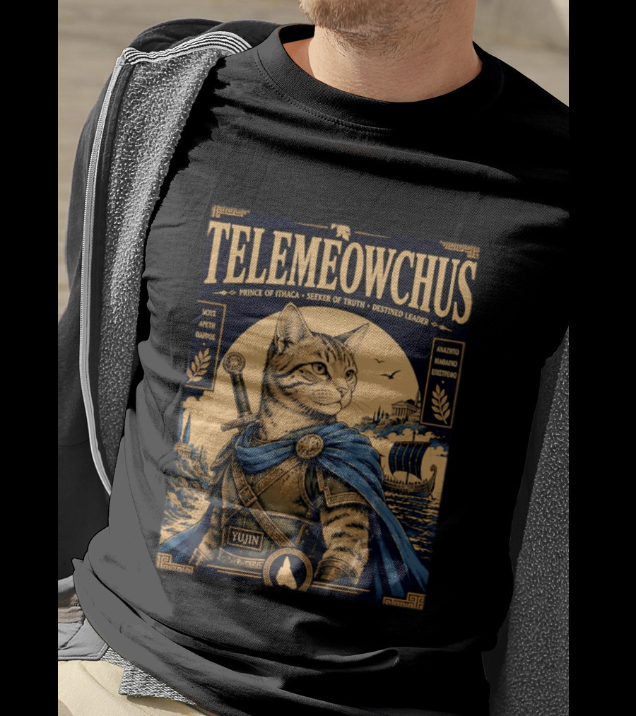TELEMEOWCHUS Prince Of Ithaca Seeker Of Truth Destined Leader Yujin Greek Mythology Cat Warrior T-Shirt
