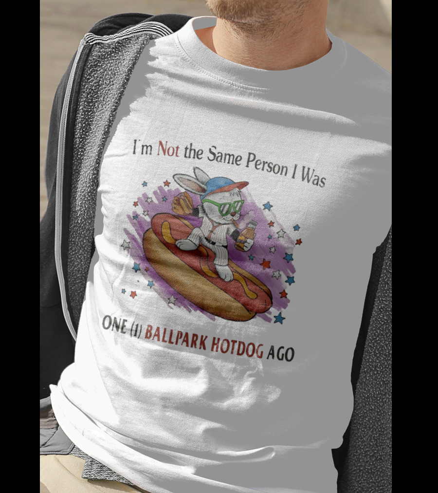 I'm Not The Same Person I Was One Ballpark Hotdog Ago Baseball Bunny With Sunglasses And Stars T-Shirt