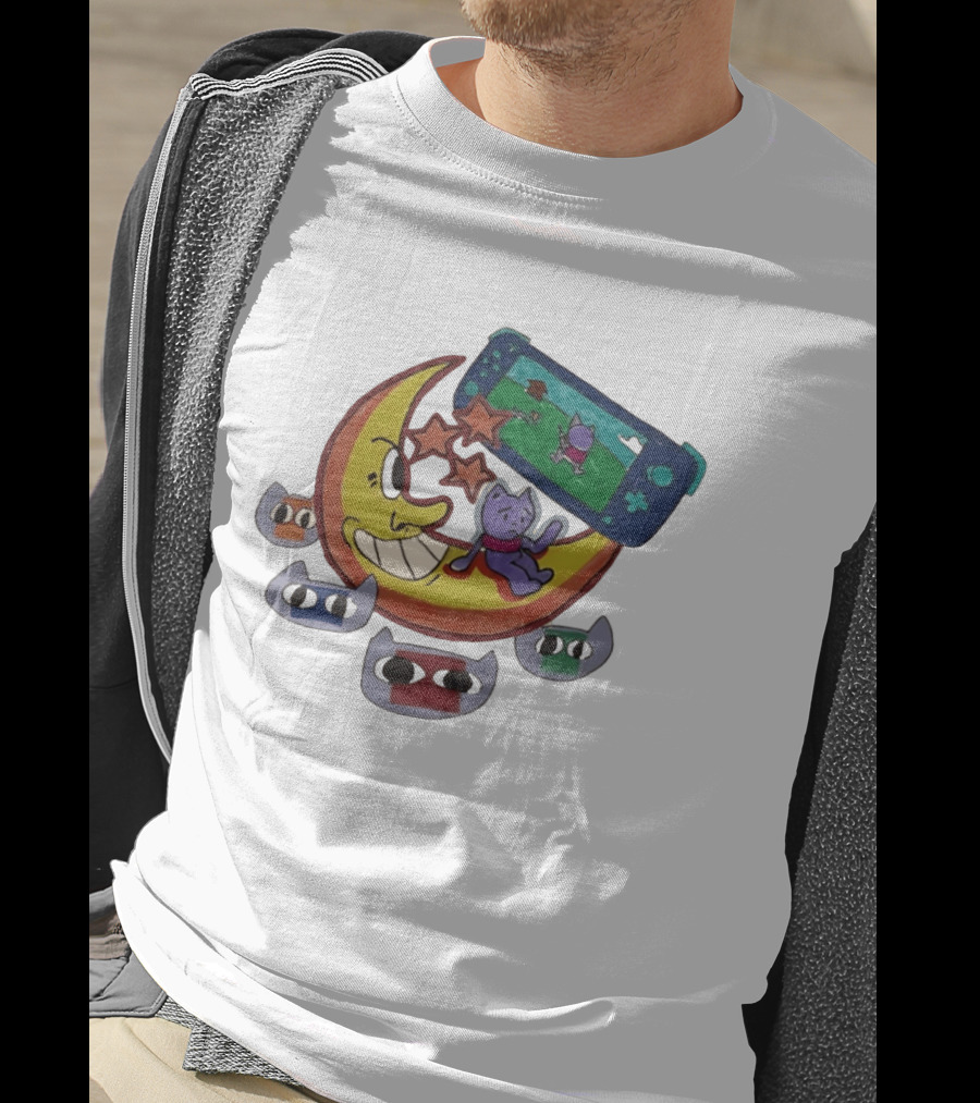 Cartoon Moon And Cat Playing Game With Stars And Colorful Masks T-Shirt