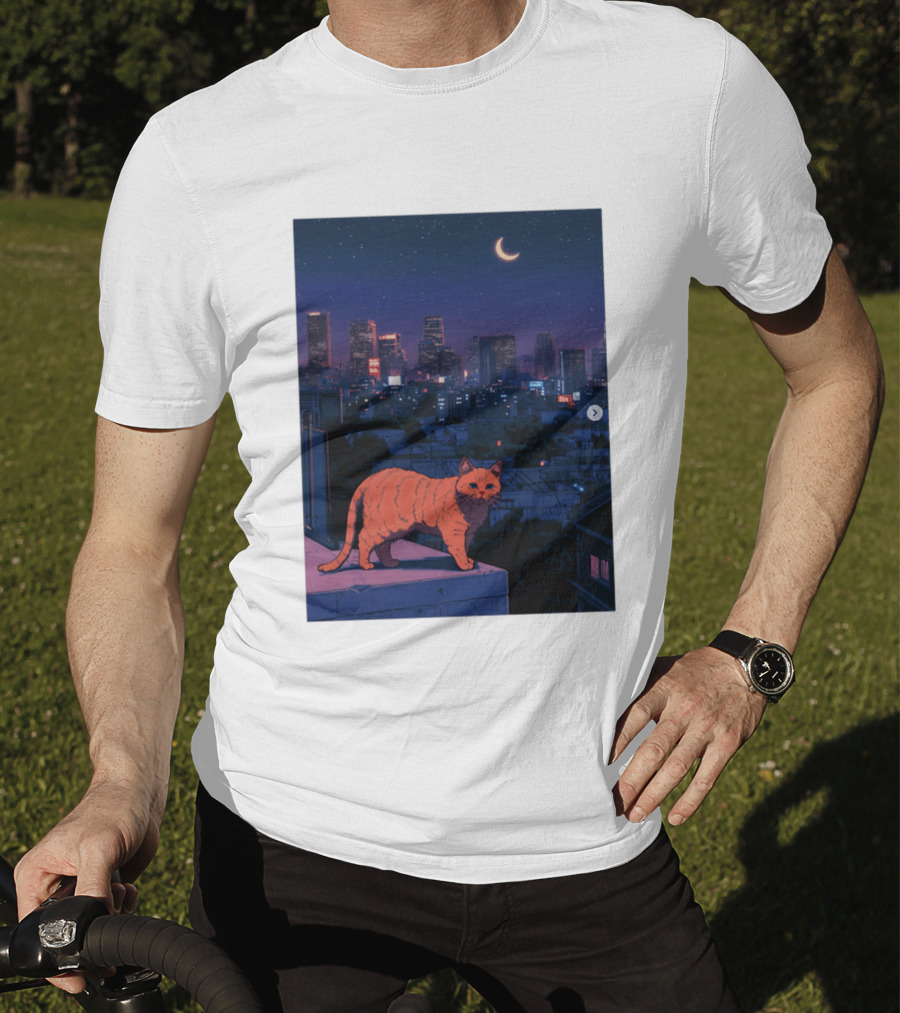Orange Tabby Cat Under Night Sky Overlooking City Skyline With Crescent Moon T-Shirt