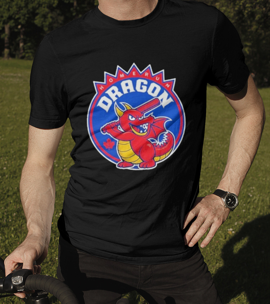 Home Run Dragon Baseball Batting Red Maple Leaf T-Shirt