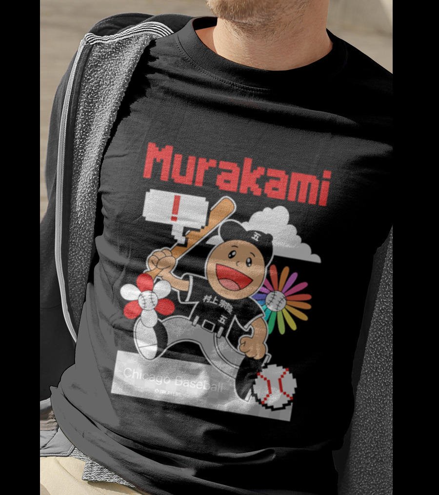 Murakami Chicago Baseball IPlayers Animated Character Flower Motif T-Shirt