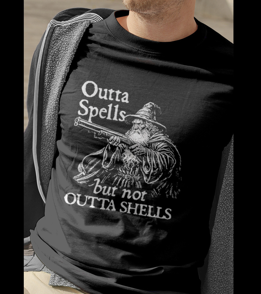 Outta Spells But Not Outta Shells Wizard With Gun Magic T-Shirt